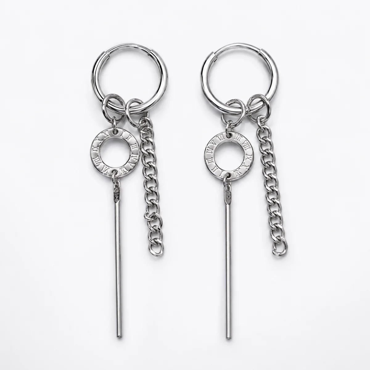 Roman Numeral Chain Dangle Earrings Silver Front View White Background