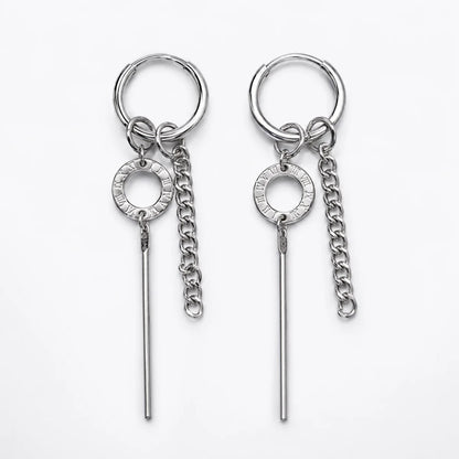 Roman Numeral Chain Dangle Earrings Silver Front View White Background