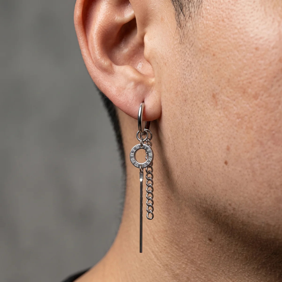 Roman Numeral Chain Dangle Earrings Silver Worn by Male Model