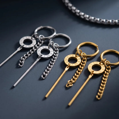 Roman Numeral Chain Dangle Earrings Silver and Gold Collections on Black Stone Surface