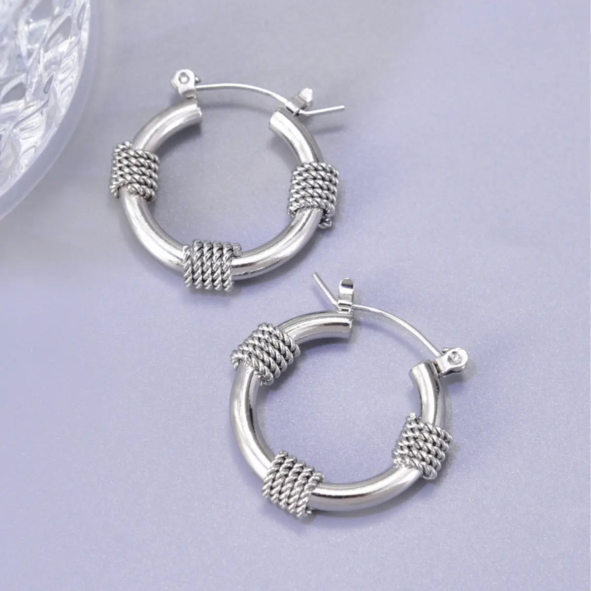 Rope Knot Hoop Earrings Silver Close Up