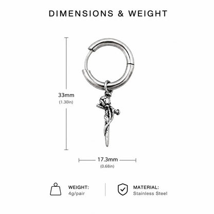 Rose Sword Drop Hoop Earrings Silver Dimensions and Weight Infographic