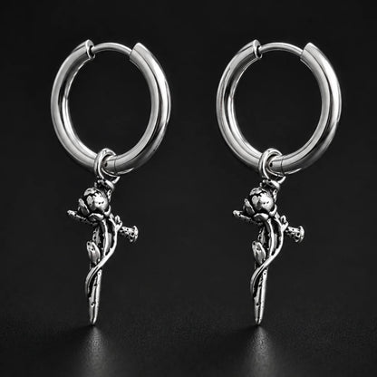 Rose Sword Drop Hoop Earrings Silver Pair Close Up Black Background