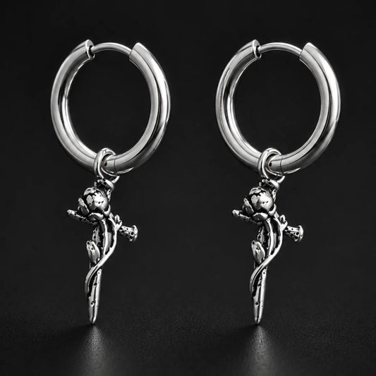 Rose Sword Drop Hoop Earrings Silver Pair Close Up Black Background