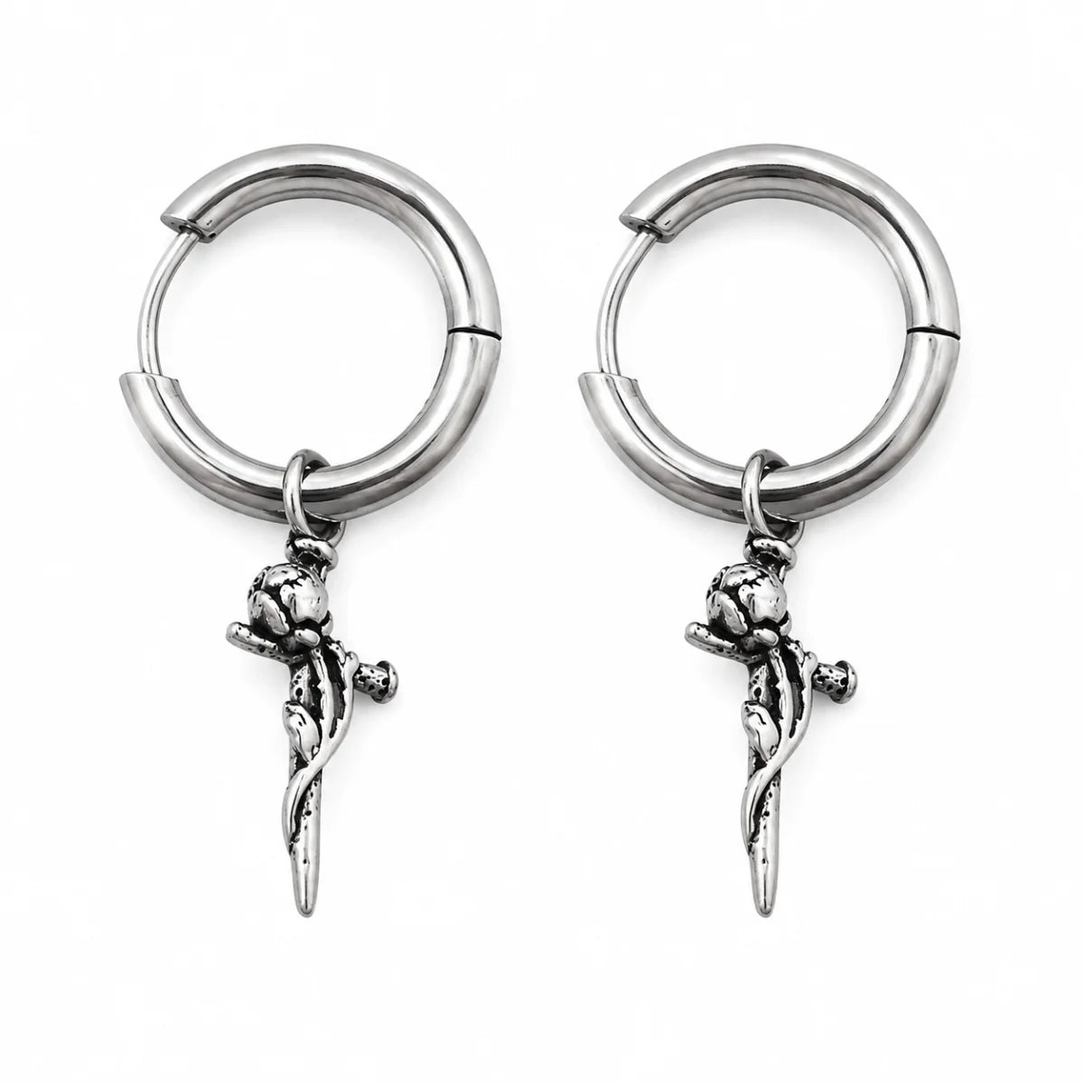 Rose Sword Drop Hoop Earrings Silver Pair Front View White Background