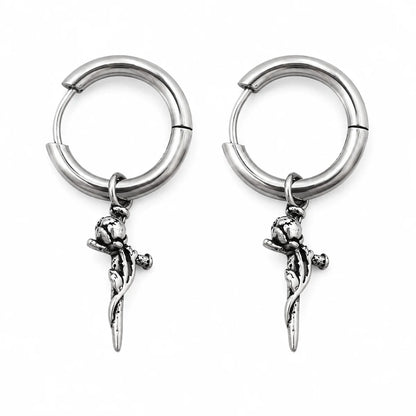 Rose Sword Drop Hoop Earrings Silver Pair Front View White Background