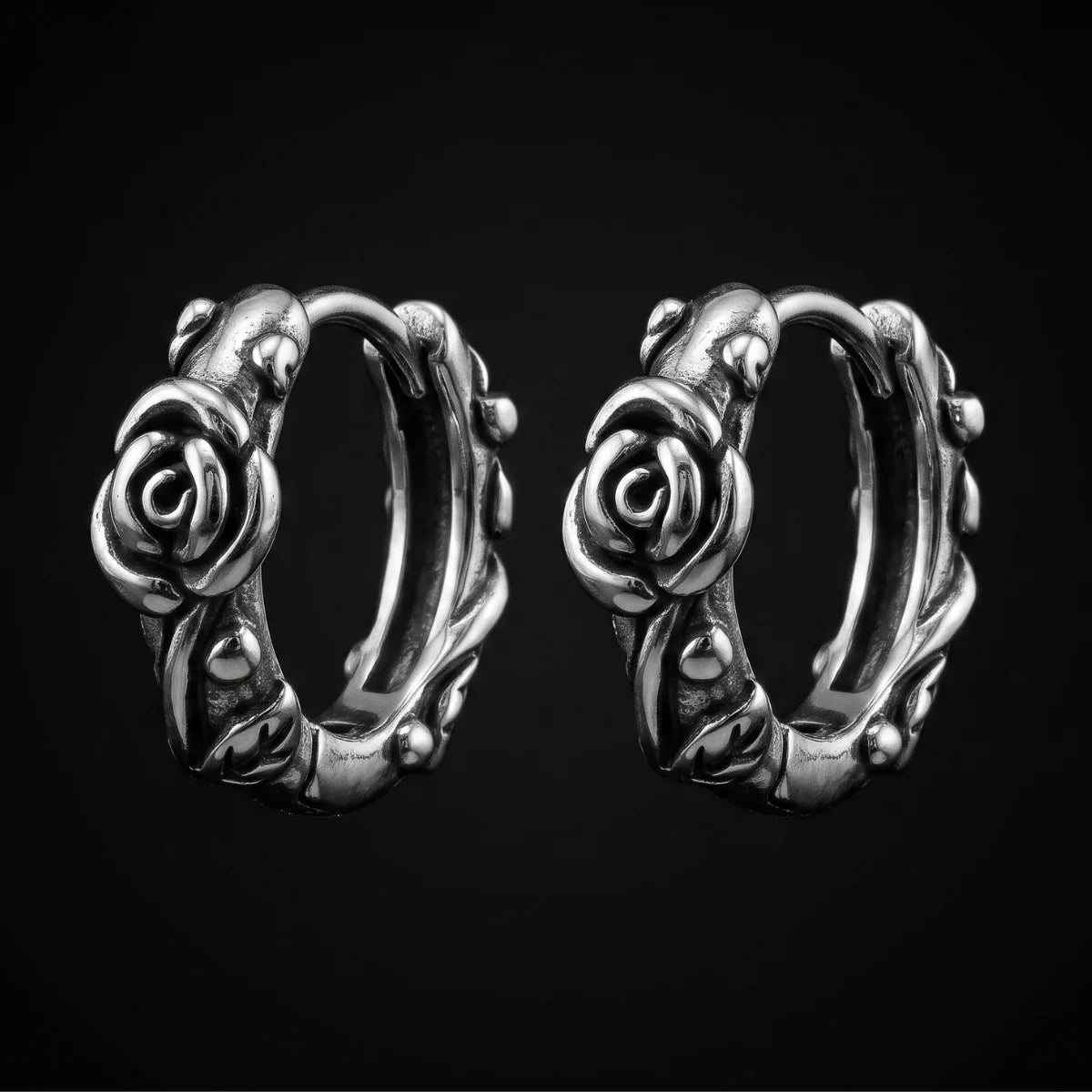 Rose Vine Hoop Earrings Silver Close Up Black Background