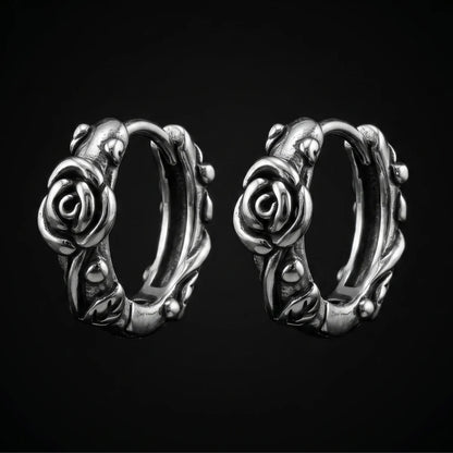Rose Vine Hoop Earrings Silver Close Up Black Background