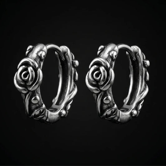 Rose Vine Hoop Earrings Silver Close Up Black Background