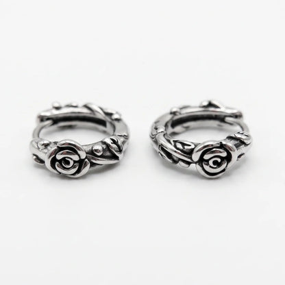 Rose Vine Hoop Earrings Silver Lying Down White Background