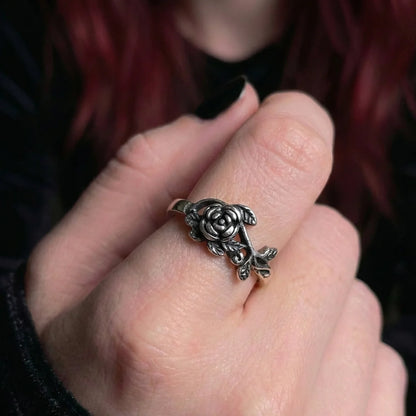 Rose and Thorn Ring Worn by Female Model