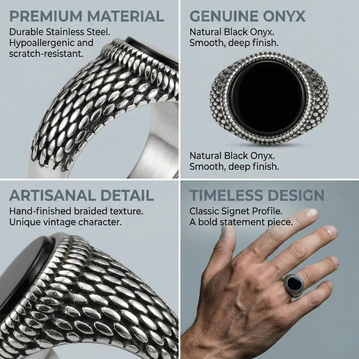 Round Black Onyx Signet Ring Features