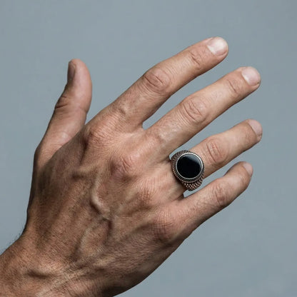 Round Black Onyx Signet Ring Worn by Male Model Close Up