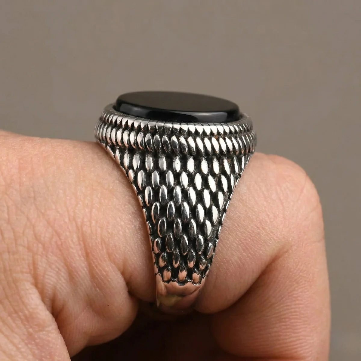 Round Black Onyx Signet Ring Worn by Male Model Side View