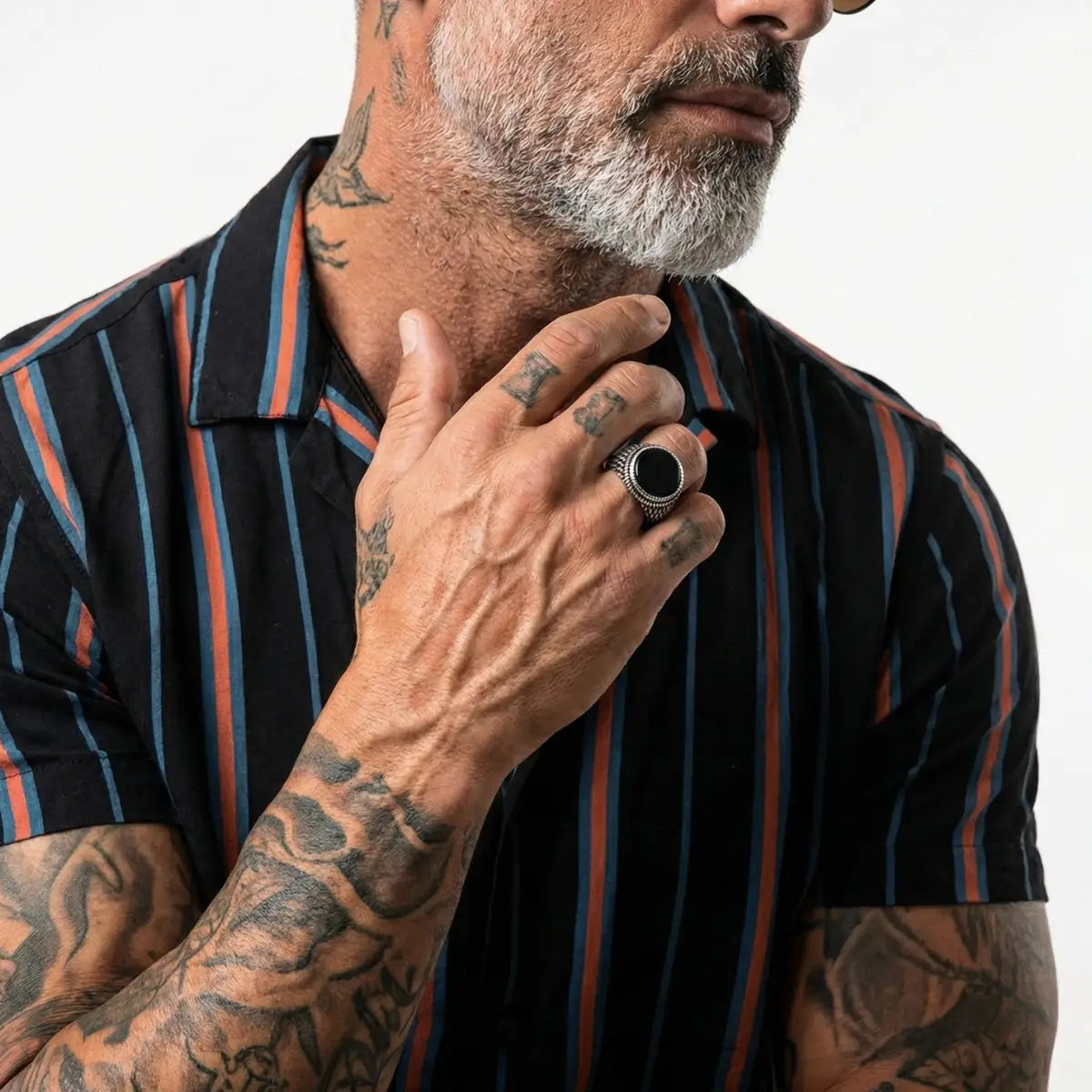 Round Black Onyx Signet Ring Worn by Male Model