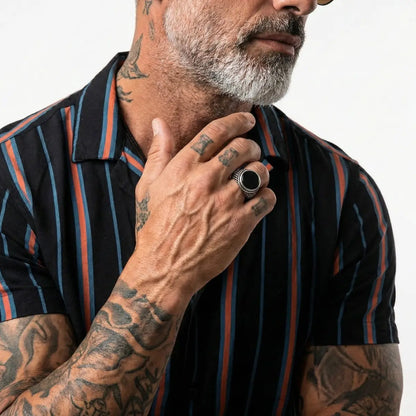 Round Black Onyx Signet Ring Worn by Male Model