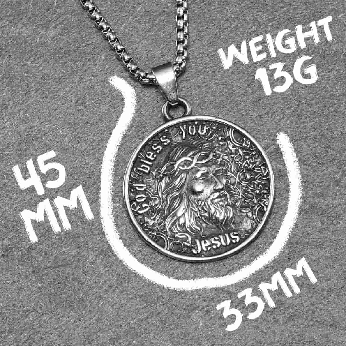 Round Jesus Pendant with Crown of Thorns Pendant with Chain Dimensions and Weight Xenos Jewelry