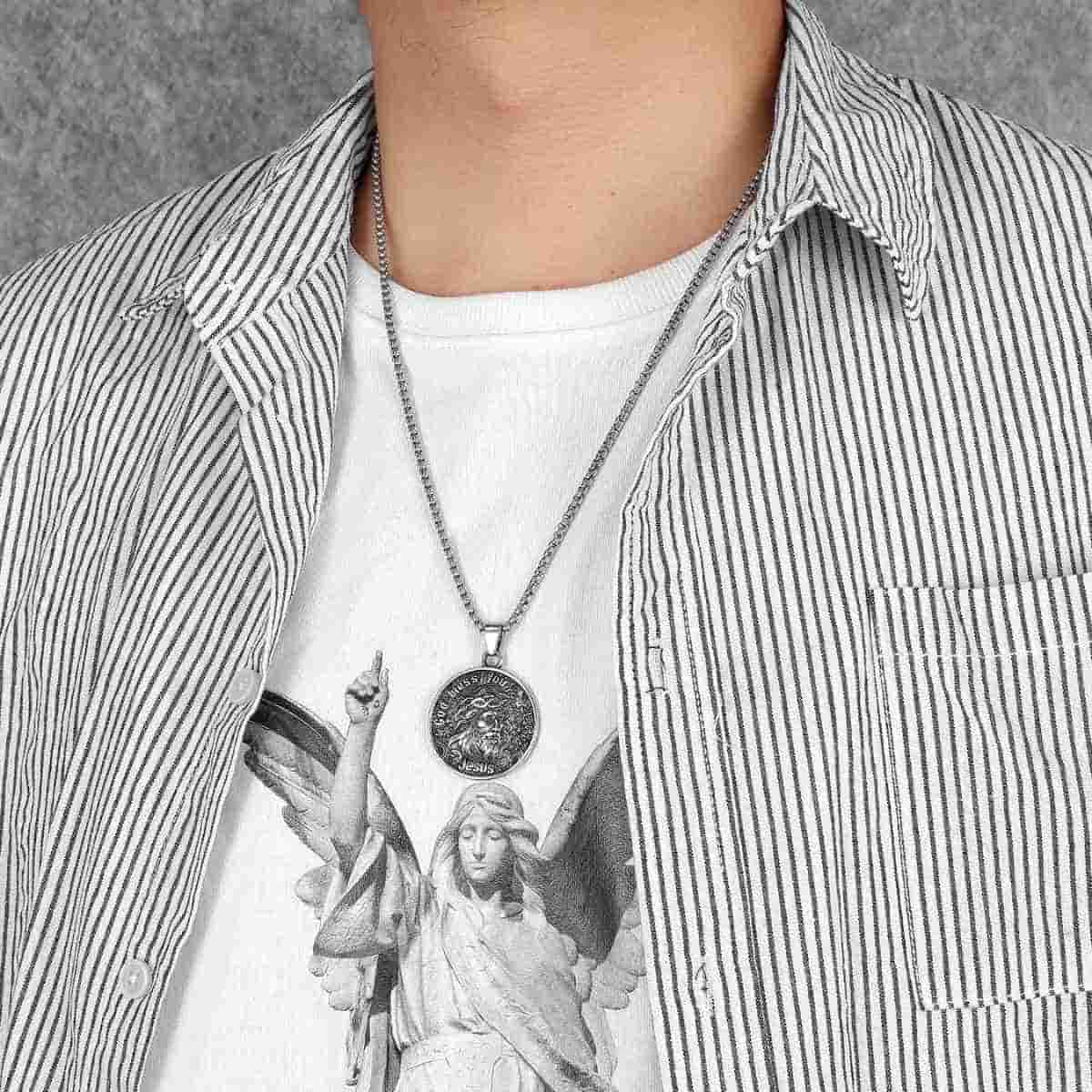 Round Jesus Pendant with Crown of Thorns Pendant with Chain Worn by Model Xenos Jewelry