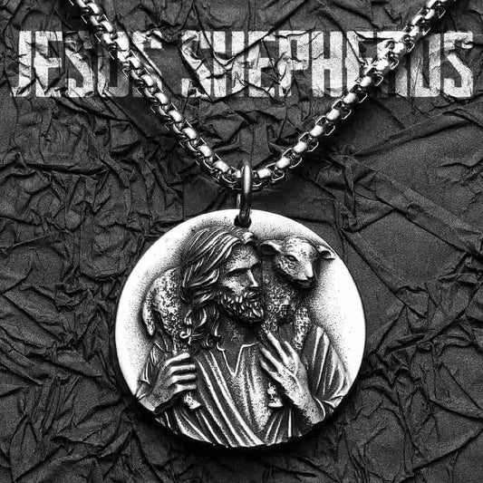 Round Jesus Pendant with Lamb Pendant with Chain Black Surface Xenos Jewelry