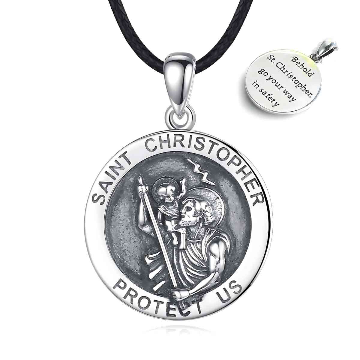 Round Saint Christopher Pendant Necklace With 24 inch Rope Front and Back Xenos Jewelry