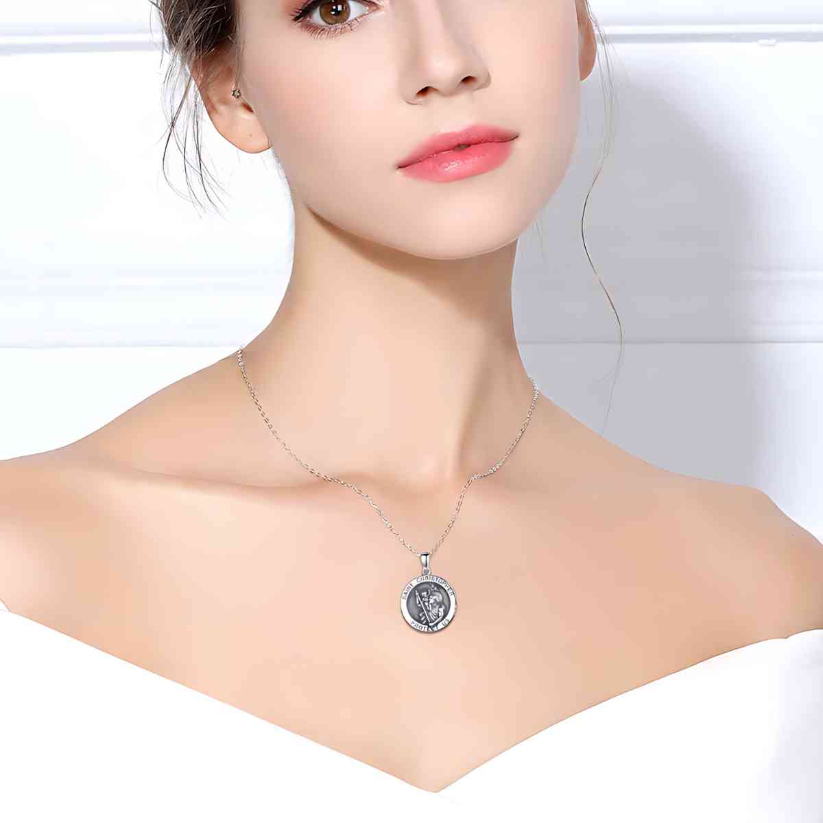 Round Saint Christopher Pendant Necklace Worn by Model Xenos Jewelry