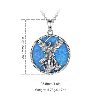 Round St Michael Archangel Necklace Opal Inlay Dimensions and Weight Xenos Jewelry