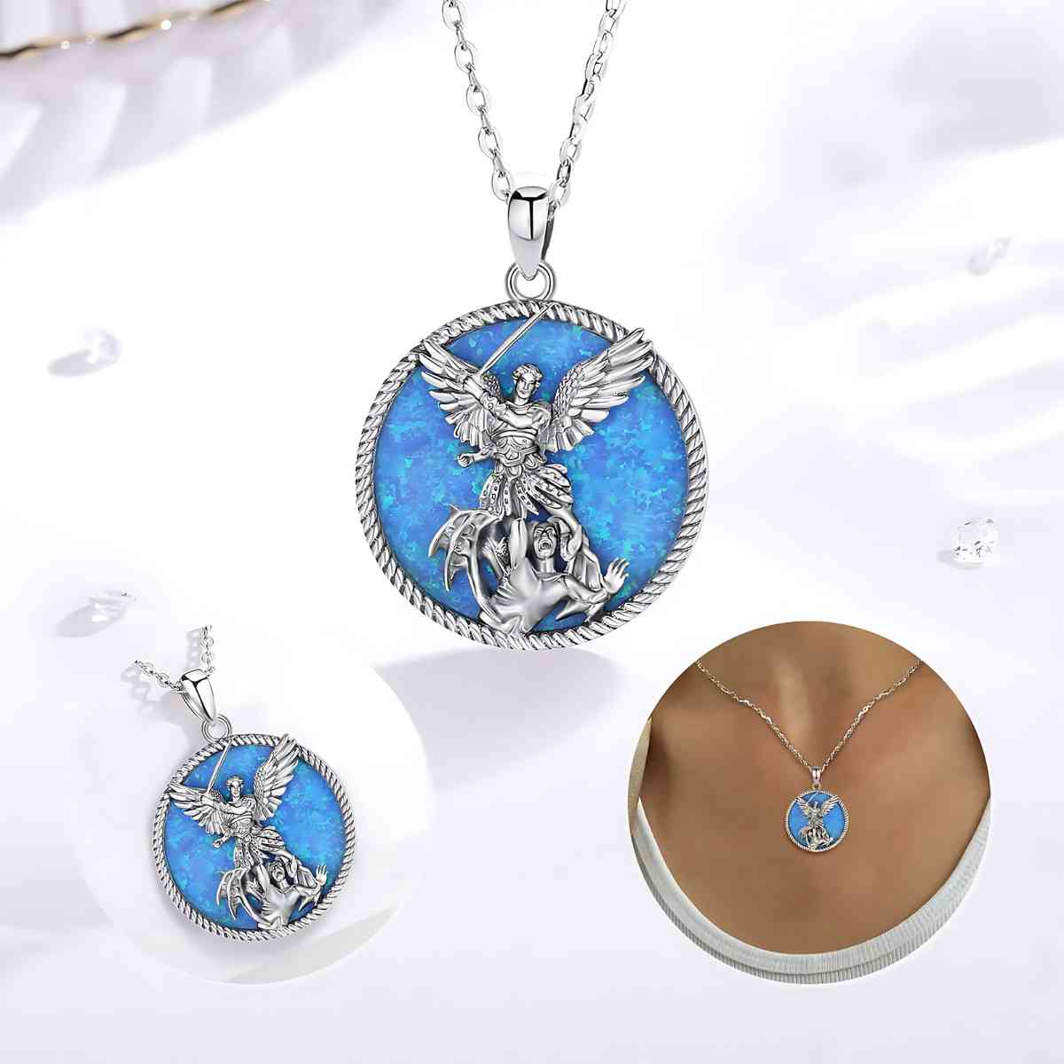 Round St Michael Archangel Necklace Opal Inlay Displayed on White Surface Xenos Jewelry