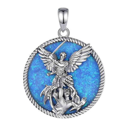 Round St Michael Archangel Necklace Opal Inlay Pendant Only Xenos Jewelry