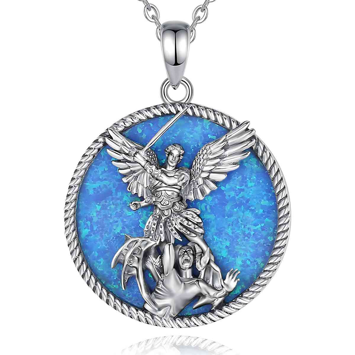 Round St Michael Archangel Necklace Opal Inlay with 18 inch Chain Xenos Jewelry