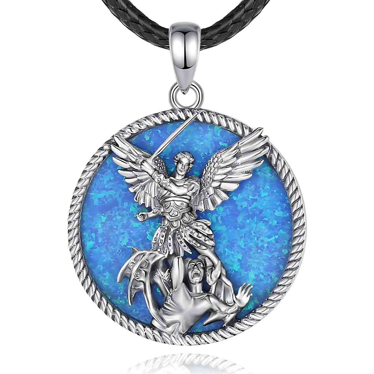 Round St Michael Archangel Necklace Opal Inlay with 24 inch Rope Xenos Jewelry