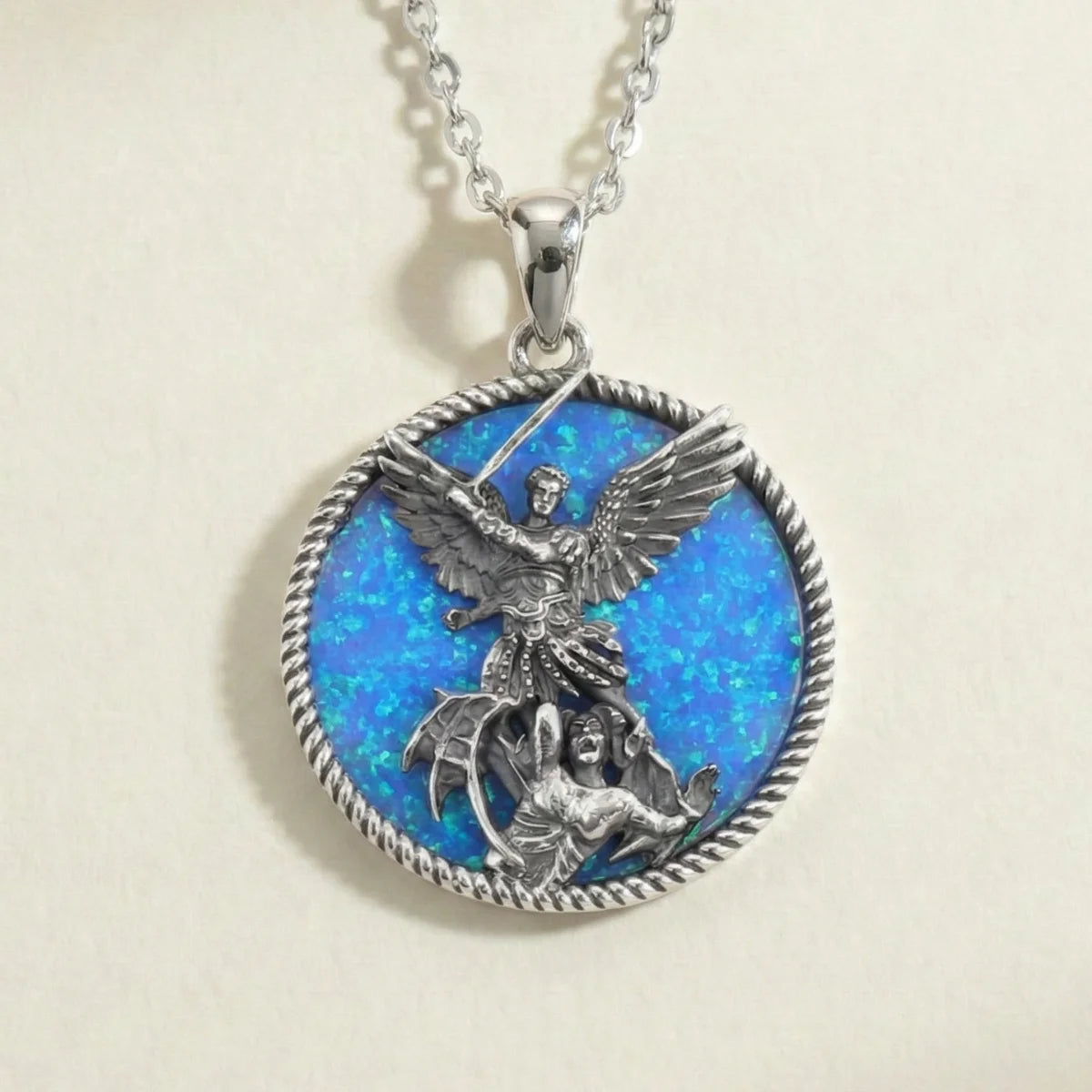 Round St Michael Archangel Necklace Opal Inlay