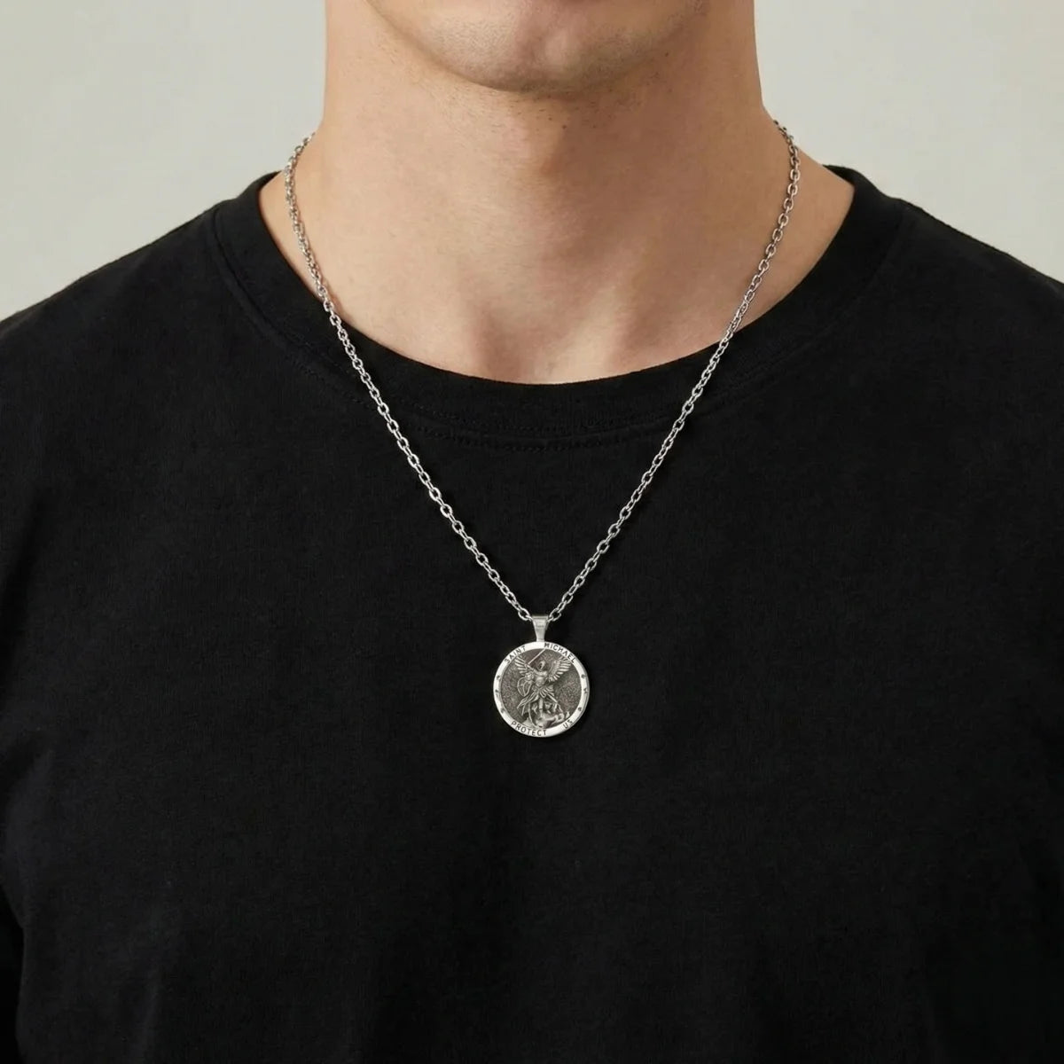Round St Michael Medallion Worn by Male Model