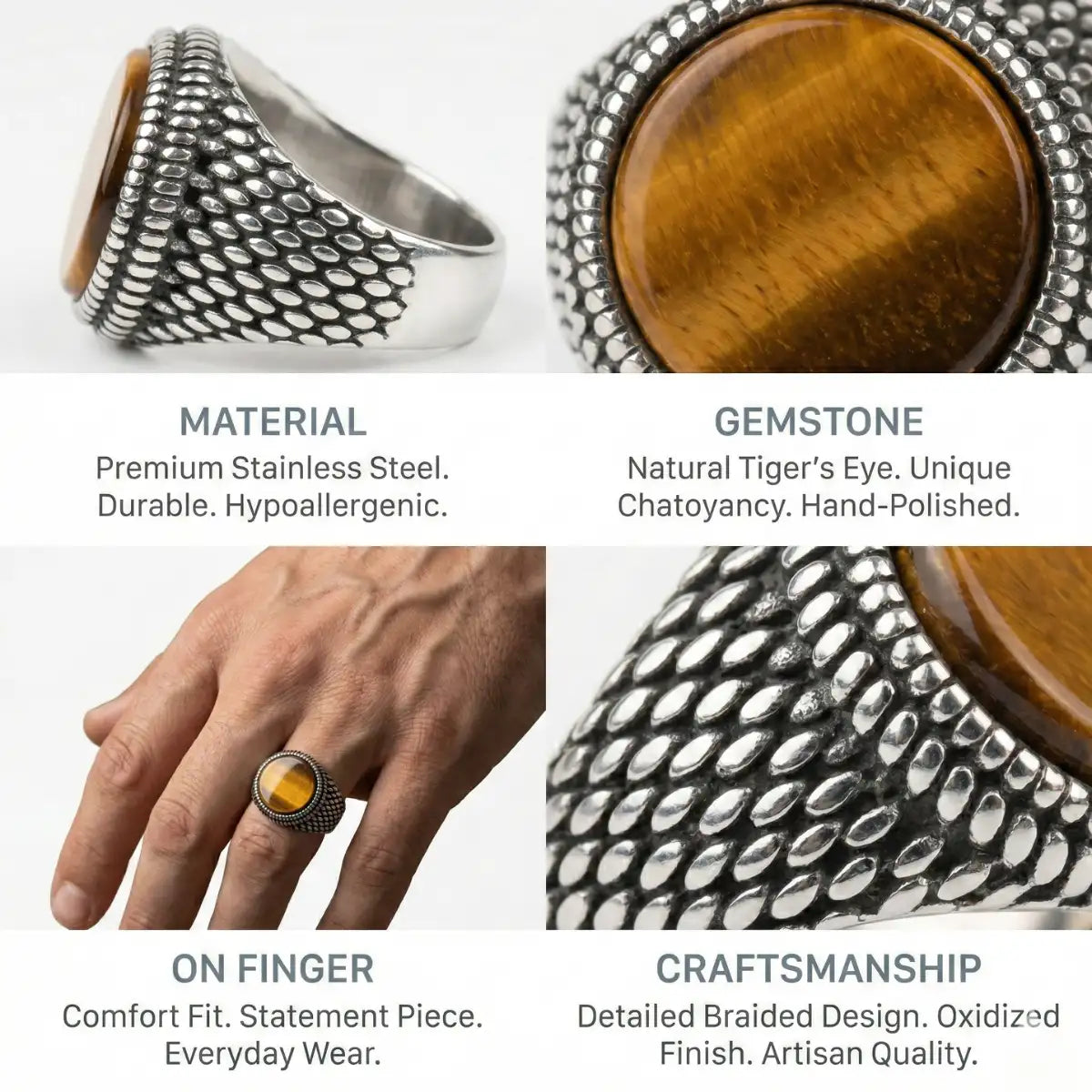 Round Tiger's Eye Signet Ring Features