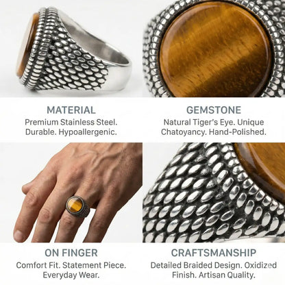 Round Tiger's Eye Signet Ring Features
