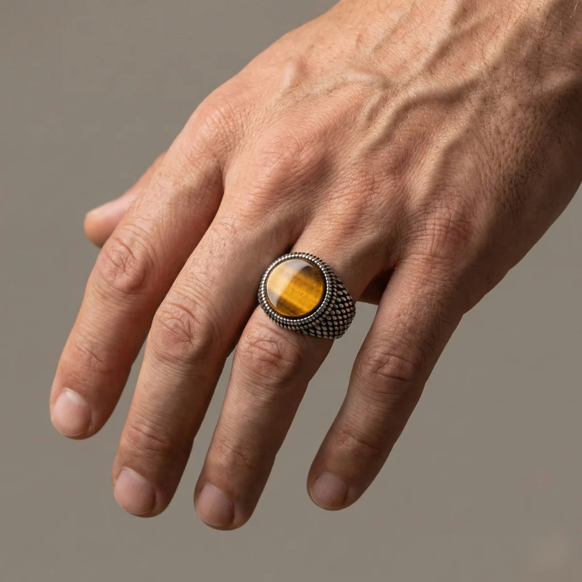 Round Tiger's Eye Signet Ring Worn by Male Model Close Up