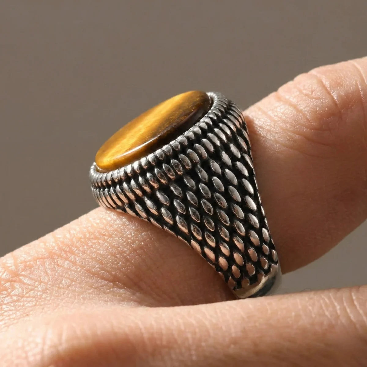 Round Tiger's Eye Signet Ring Worn by Male Model Side View