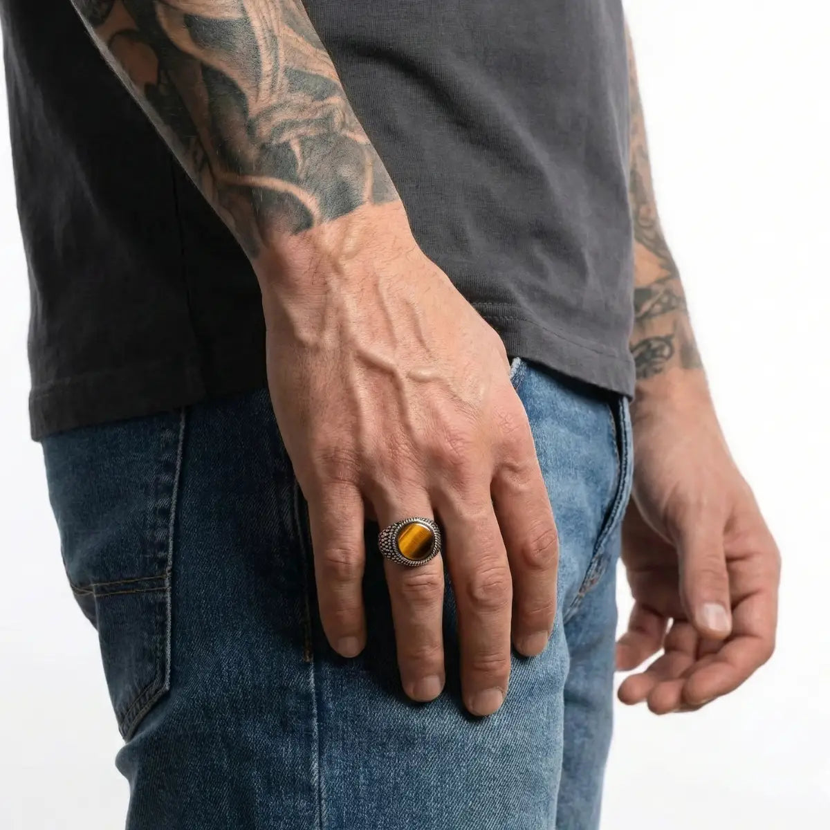 Round Tiger's Eye Signet Ring Worn by Male Model