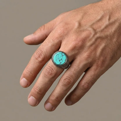 Round Turquoise Signet Ring Worn by Male Model Close Up