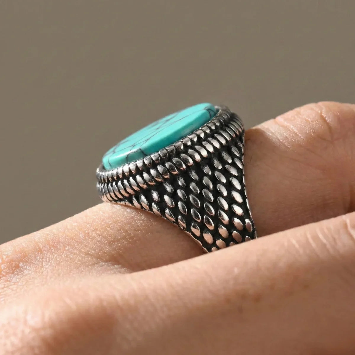 Round Turquoise Signet Ring Worn by Male Model Side View