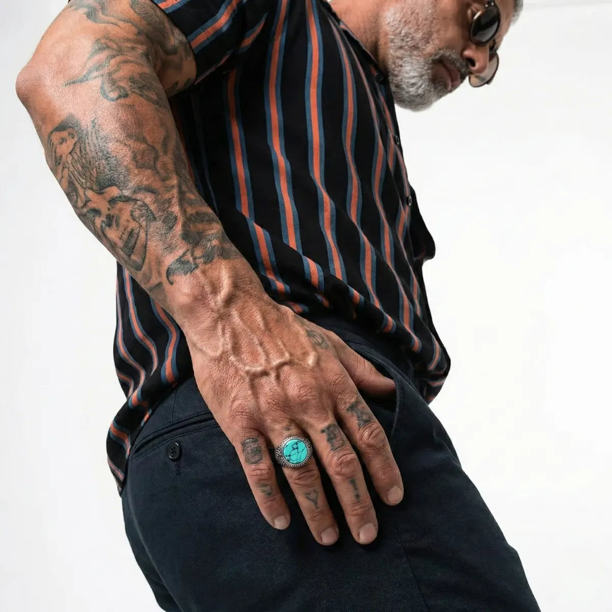 Round Turquoise Signet Ring Worn by Male Model