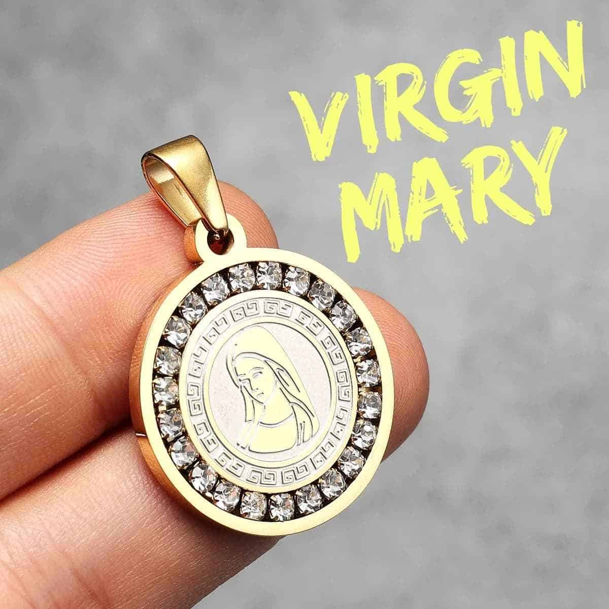 Round Virgin Mary Necklace with Crystals Gold Pendant Only Xenos Jewelry