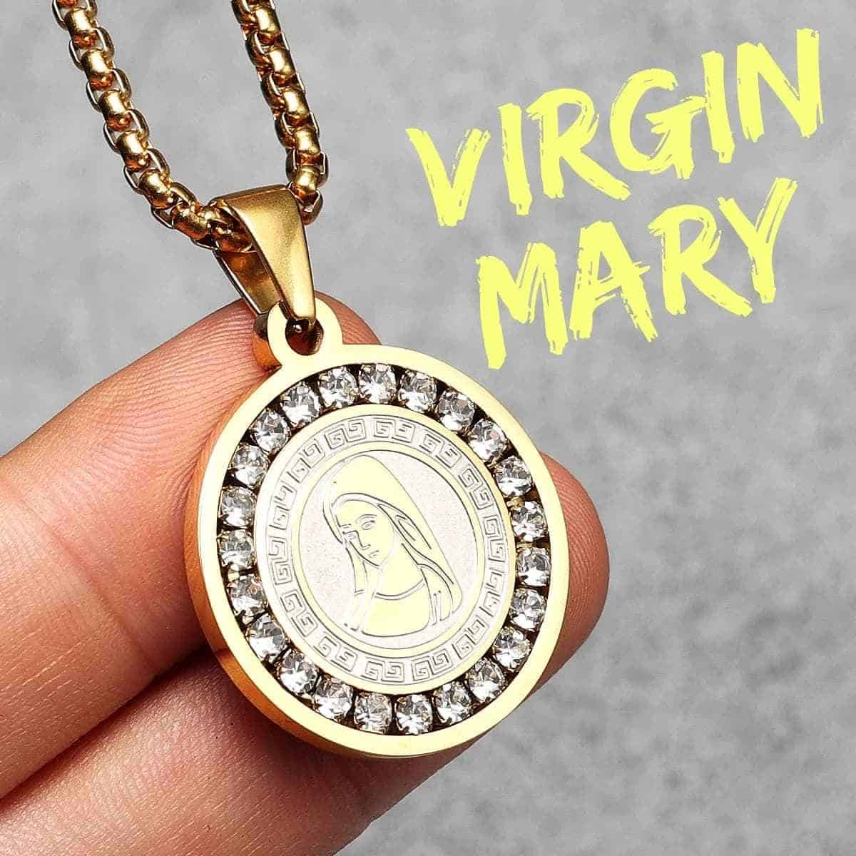 Round Virgin Mary Necklace with Crystals Gold Pendant with Chain Xenos Jewelry