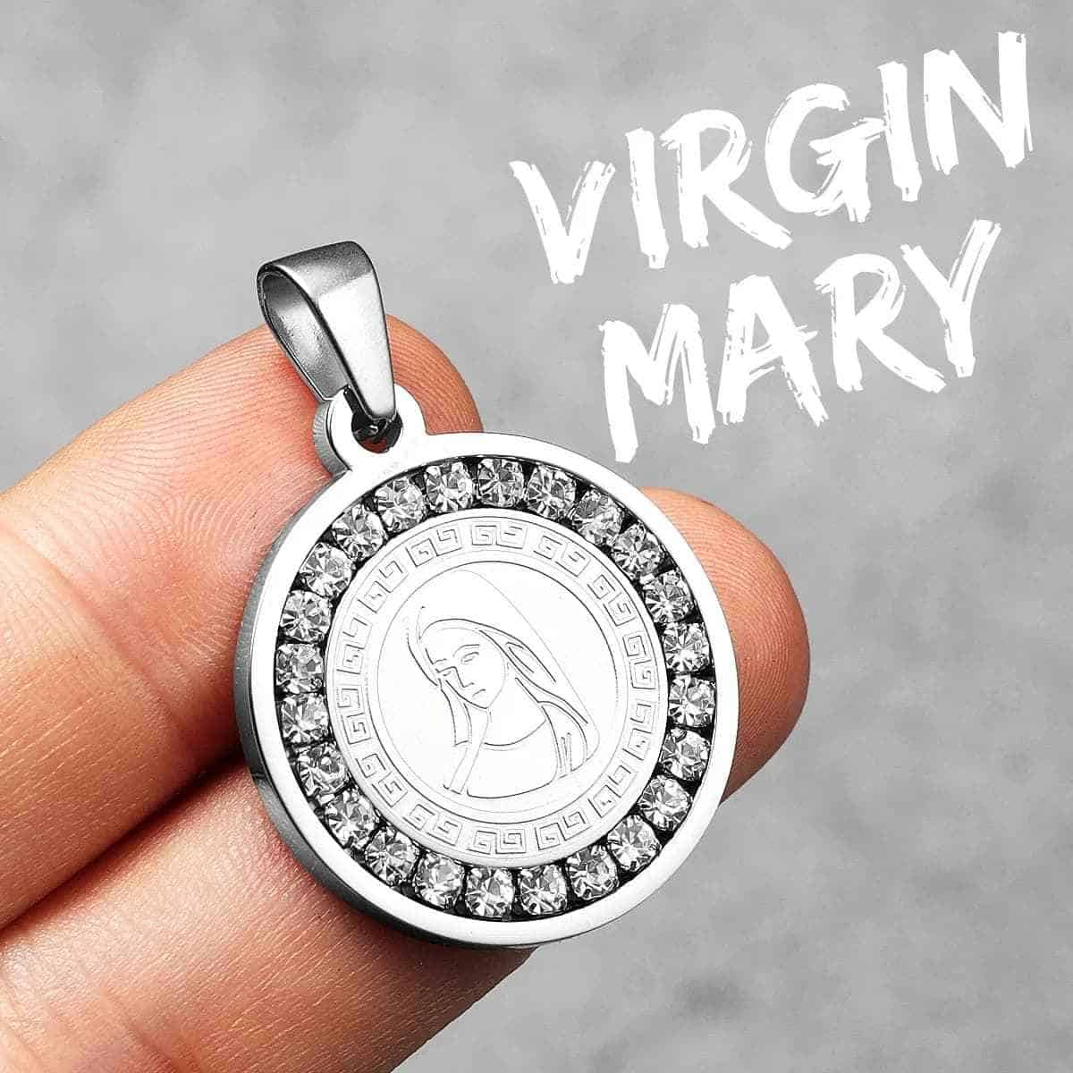 Round Virgin Mary Necklace with Crystals Silver Pendant Only Xenos Jewelry