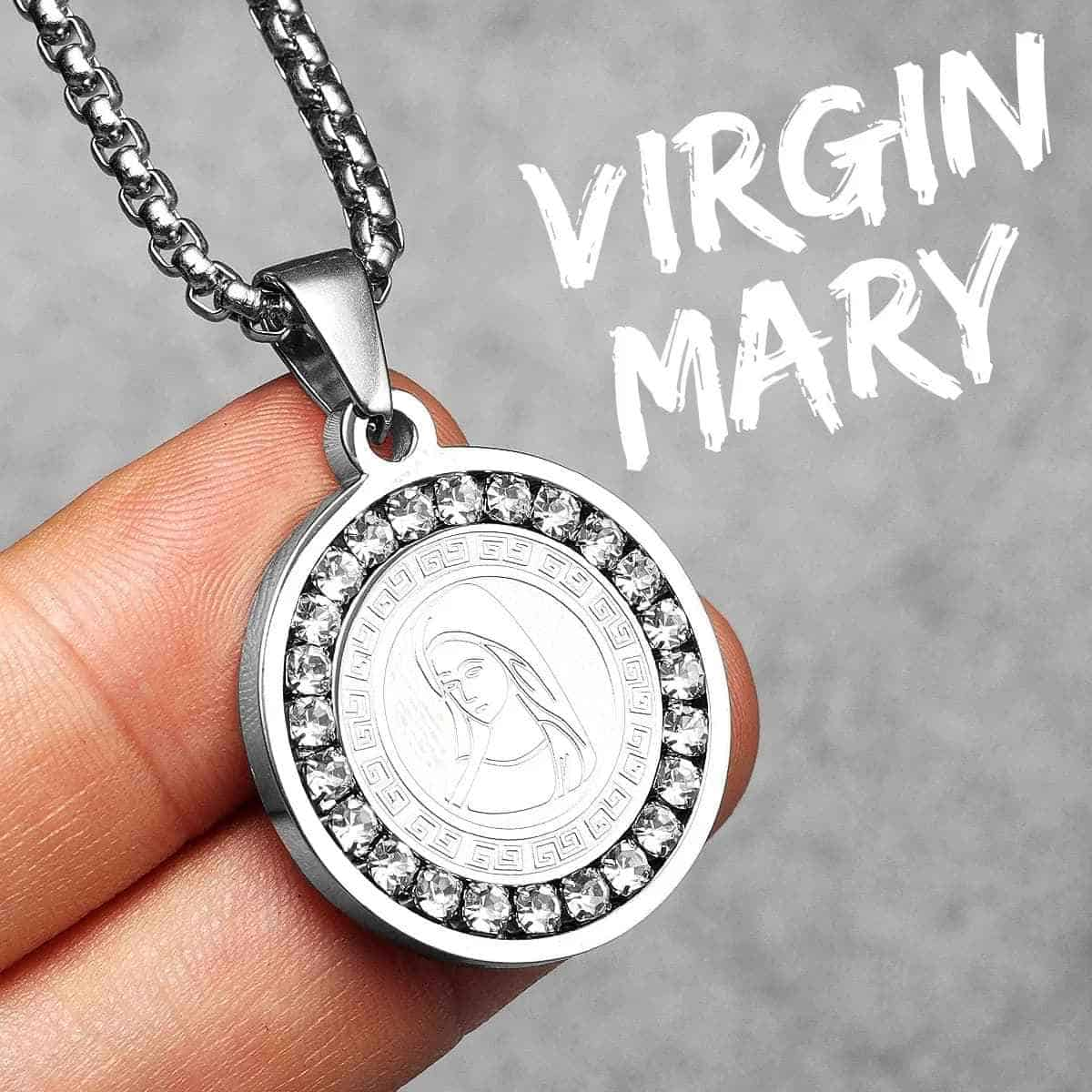 Round Virgin Mary Necklace with Crystals Silver Pendant with Chain Xenos Jewelry