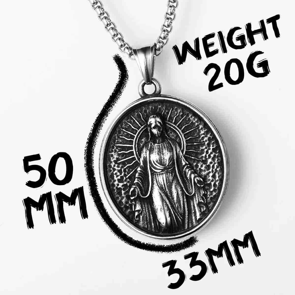 Round Virgin Mary Necklace with Rays Dimensions and Weight Xenos Jewelry