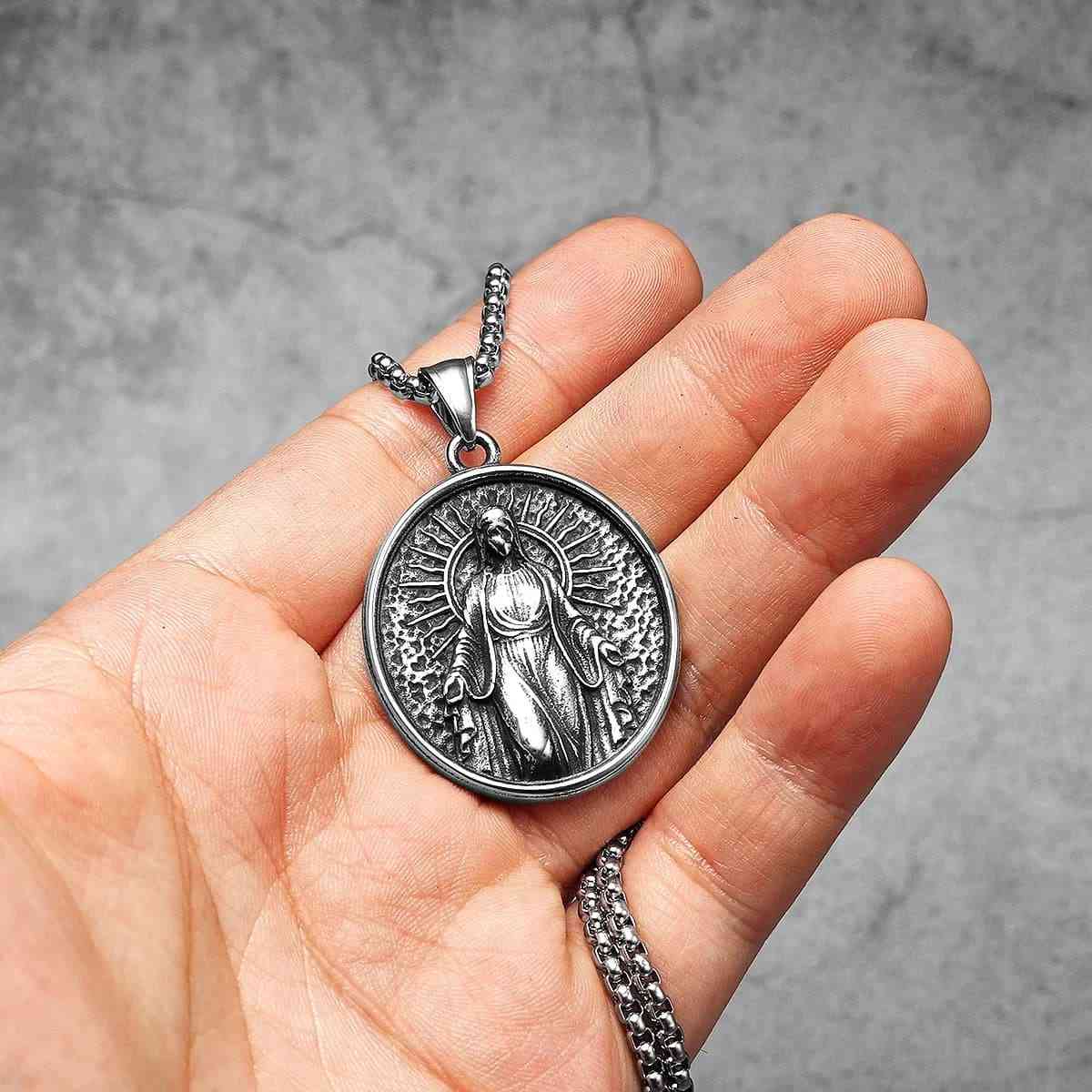 Round Virgin Mary Necklace with Rays Front Xenos Jewelry