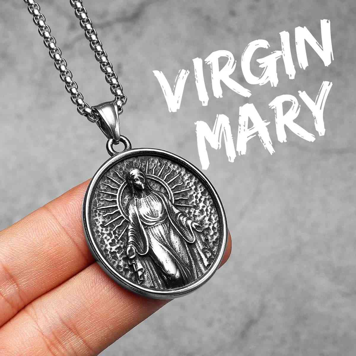 Round Virgin Mary Necklace with Rays Pendant with Chain Xenos Jewelry