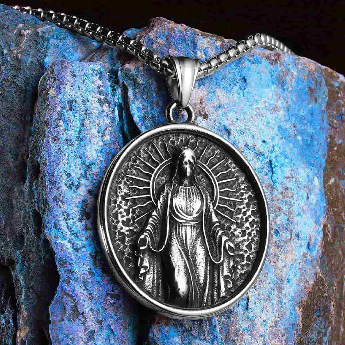 Round Virgin Mary Necklace with Rays Xenos Jewelry