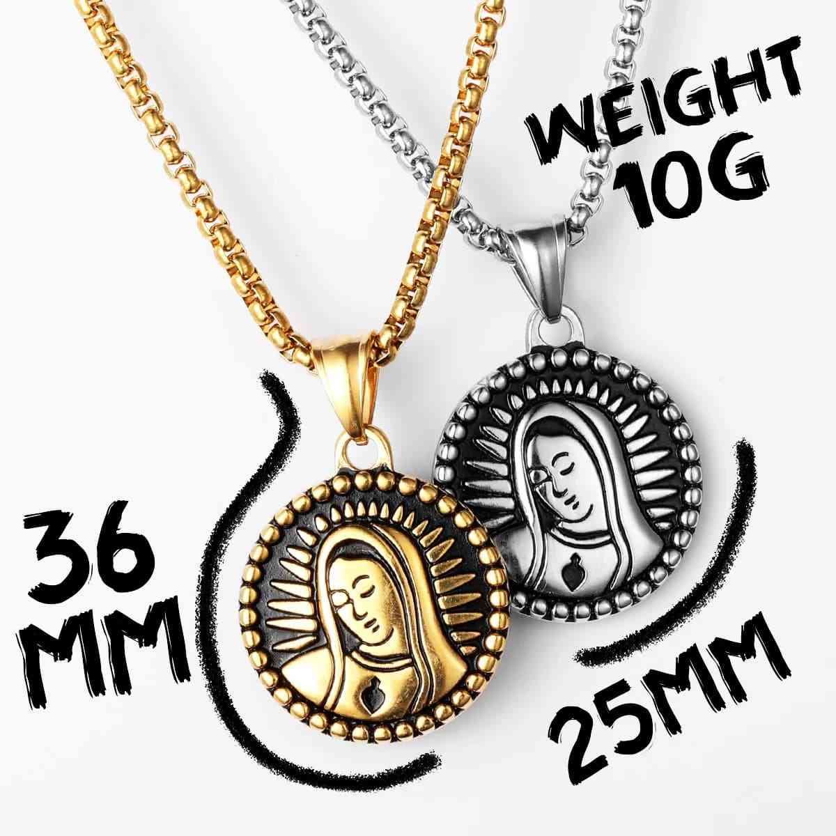 Round Virgin Mary Necklace with Sacred Heart Dimensions and Weight Xenos Jewelry