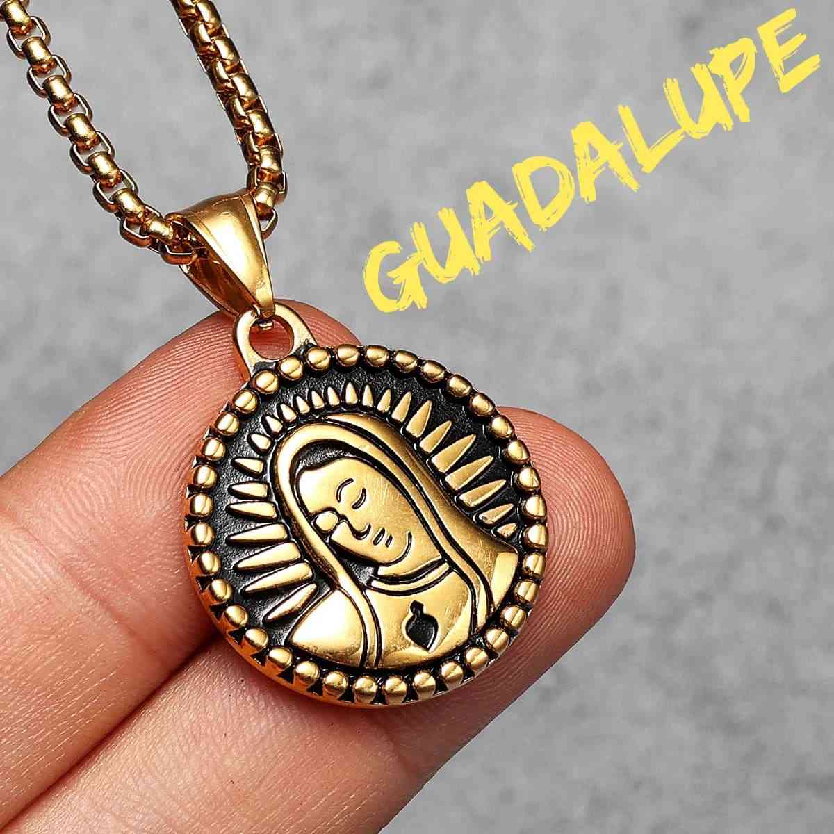 Round Virgin Mary Necklace with Sacred Heart Gold Pendant with Chain Xenos Jewelry